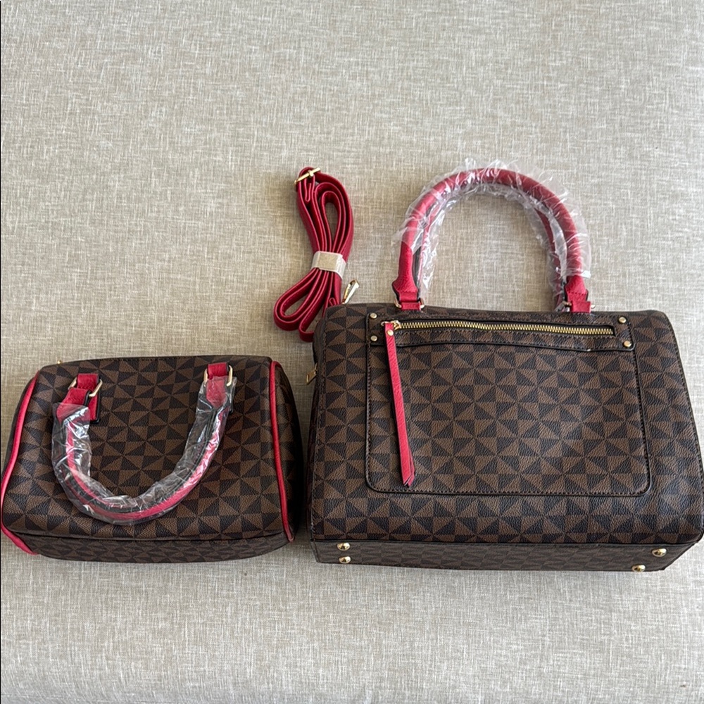 Brown and Red Satchel Set with Monogram Pattern
